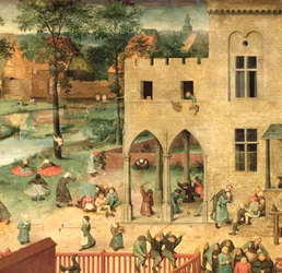 Kinderspiele: Detail der oberen linken Ecke, das Kinder beim Kreisel- und Kegelspiel zeigt, 1560 (Detail)